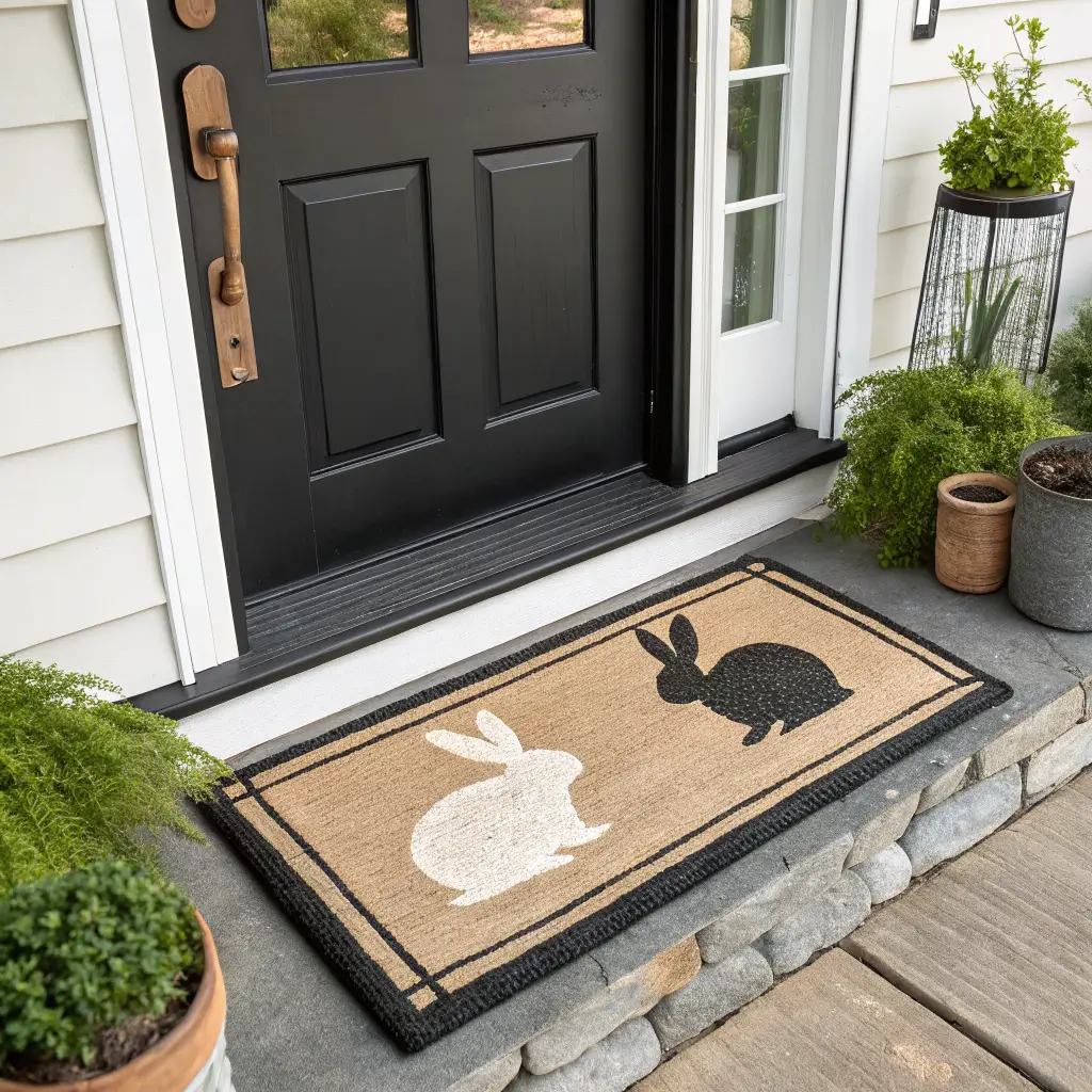 Top-down flat-lay of layered jute and coir porch rugs with a cream egg doormat at a charcoal door, with black planters and a concrete bunny on a greige porch floor.