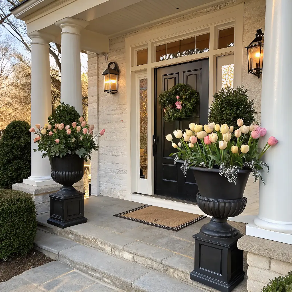Twin matte black tapered planters with pink and yellow tulips flank a charcoal front door on a cream-columned porch in warm golden light.