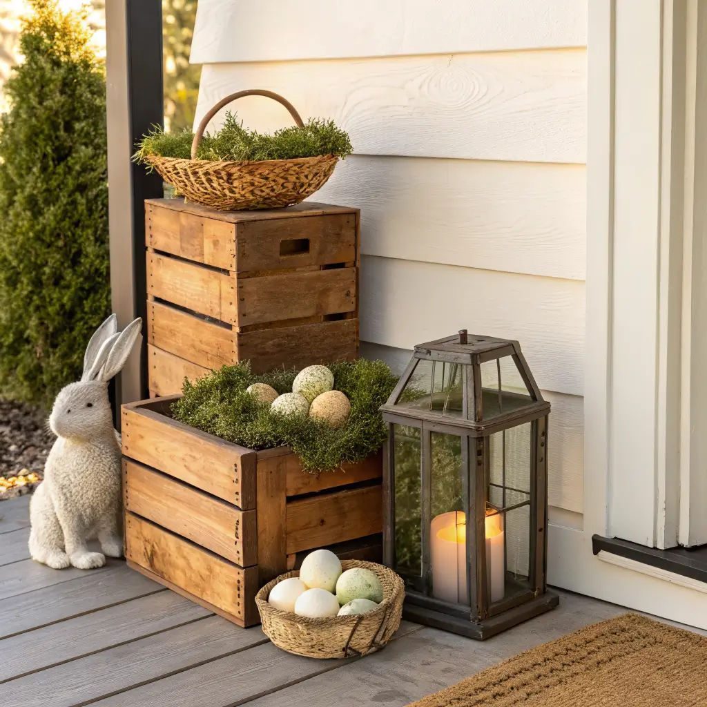 Farmhouse porch corner at golden hour with stacked weathered crates, wicker basket of moss and cream-gold eggs, concrete bunny, and glowing black lantern against a cream shiplap wall.