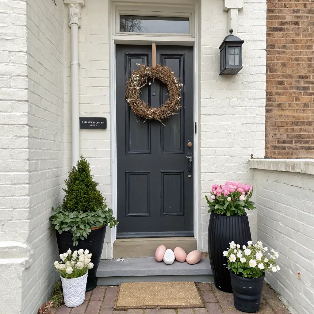 Photorealistic narrow white-painted brick stoop with charcoal door, tulip wreath, black planter of pink hyacinths, egg doormat, egg garland on iron railing, and small concrete bunny in bright midday light.