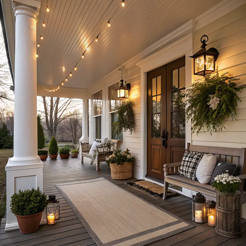 Photorealistic dusk view of a cream-columned spring porch with eucalyptus wreath, glowing lanterns, tulip planters, striped doormat on jute rug, bench with neutral pillows, and mason jar fairy lights.