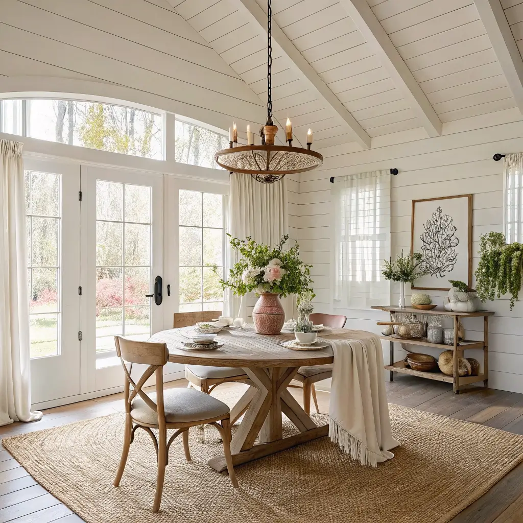Bright cottage-farmhouse dining room with shiplap walls and oak beams, round oak table on jute rug styled with linen runner, tulips, speckled eggs, eucalyptus, and brass candlesticks in soft morning light.
