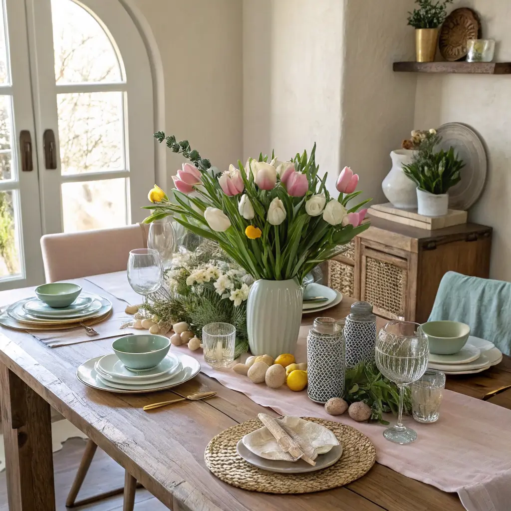 Close-up overhead view of a pastel spring brunch tablescape on a reclaimed oak table, with tulips, daffodils, baby blue ceramics, brass candlesticks, and lavender ranunculus on an oatmeal linen runner in sunlit cottage light.