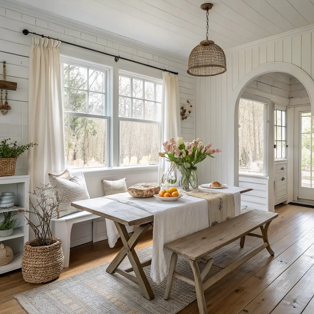 Bright cottage kitchen-dining nook with farmhouse table styled for Easter: cream linen runner, blush tulips in a stoneware compote, willow basket, milk glass pitcher, sage and cream painted eggs, dogwood branches, and brass candlesticks in soft spring window light.