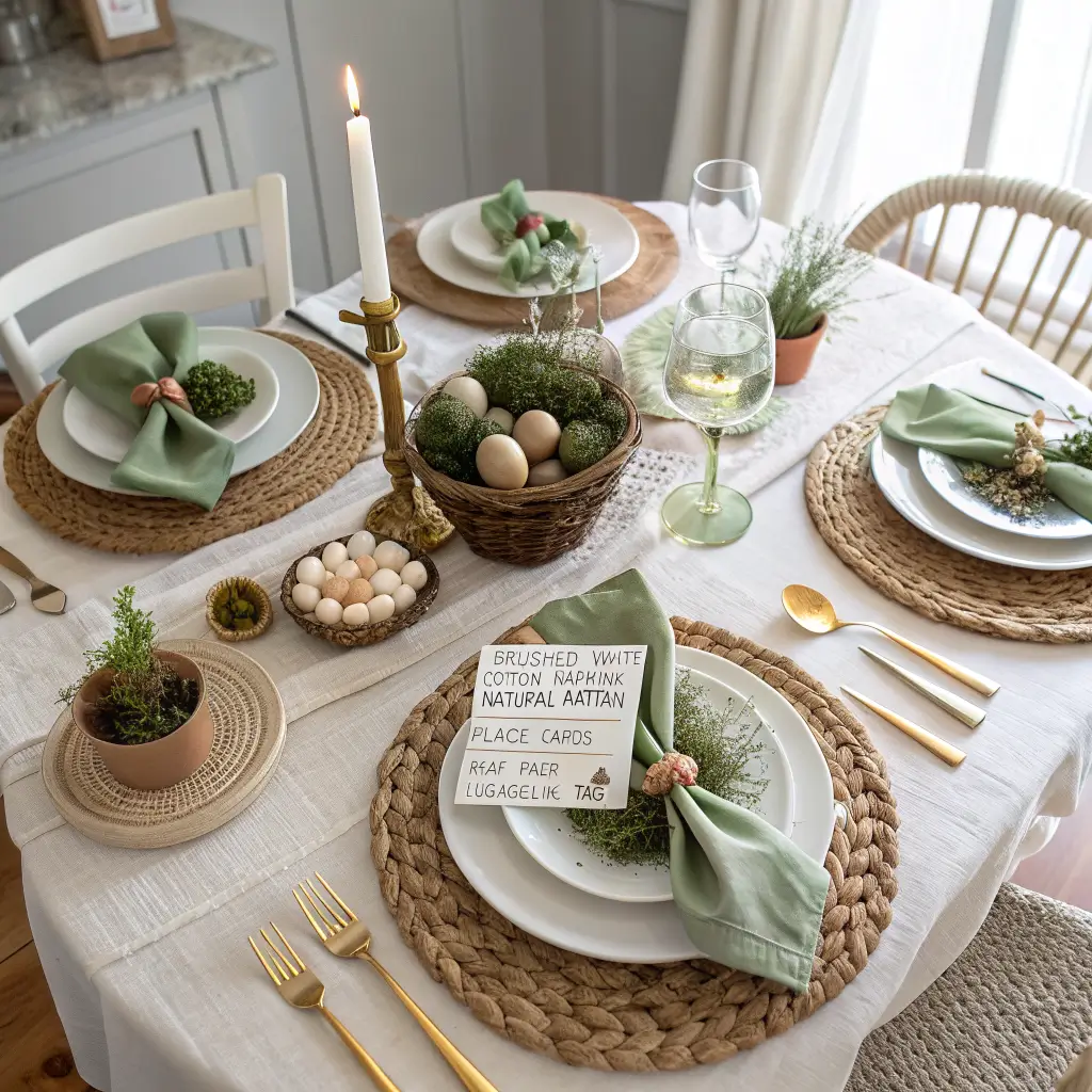 Overhead flat-lay of a spring Easter table with sage napkins on rattan placemats, brass flatware and candlesticks, a moss basket with speckled eggs, eucalyptus and blush ranunculus, and kraft place cards on a cream linen cloth.