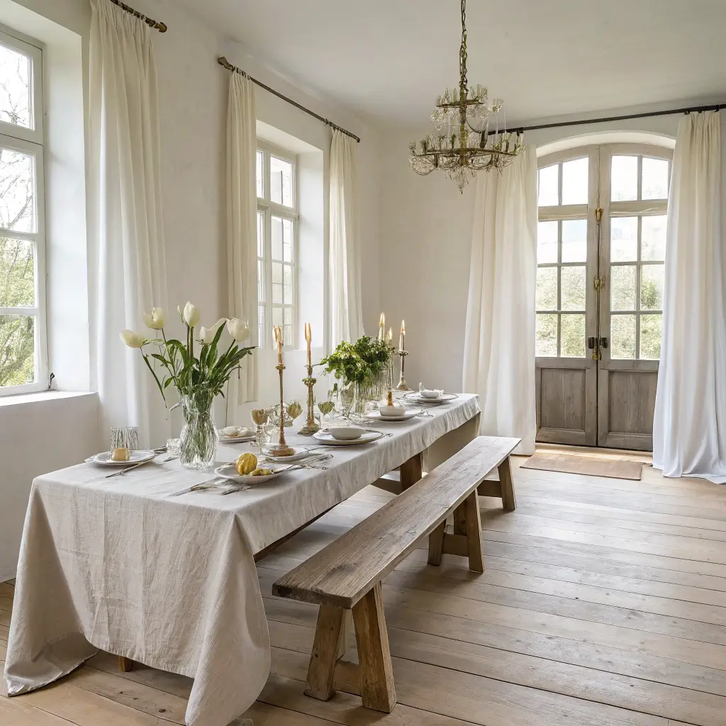 Photorealistic spring Easter dining table with oatmeal linen runner, blush tulip centerpiece, brass candlesticks, sage napkins, cream plates, and speckled eggs in a serene cream-walled room with soft daylight.