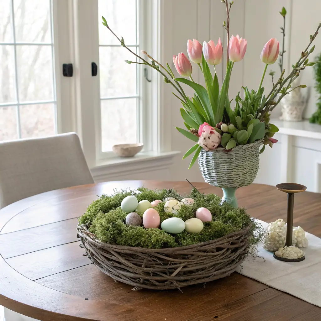 Close-up of an Easter centerpiece on an oak dining table: moss-lined willow basket with pastel speckled eggs, eucalyptus and blush ranunculus, low bowl of tulips, and brass candlesticks in warm window light.