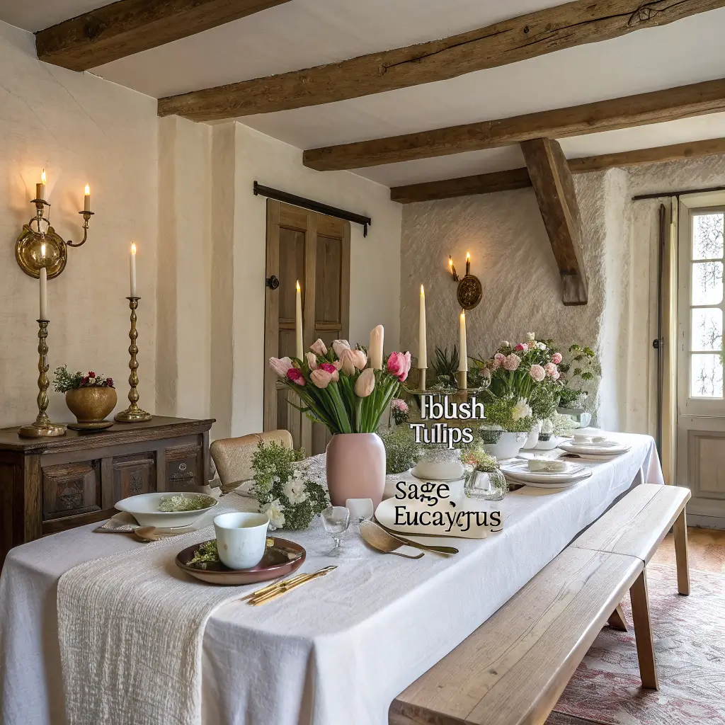 Photorealistic Easter tablescape on an oak dining table with cream linen, blush tulips and eucalyptus in a stoneware compote, brass candlesticks, sage napkins, kraft tag place cards, and matte painted eggs in a warm cottage dining room.