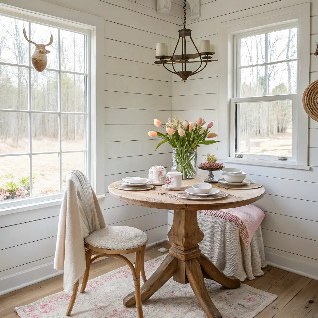 Photorealistic cottage dining nook with white shiplap walls, a round oak table by a window, blush tulips in a low cream compote, ironed linen runner, speckled wooden eggs, and brass candlesticks in a blush and sage palette.