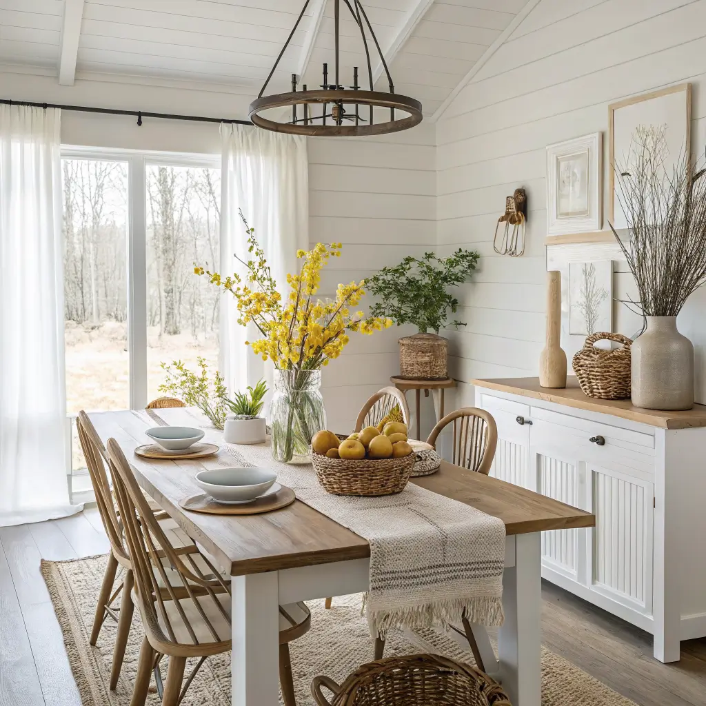 Photorealistic spring cottage dining room with cream walls and white oak floors, showing an oak table styled for Easter with daffodils, forsythia, wheatgrass pots, linen runner, brass candlesticks, and natural eggs with moss.