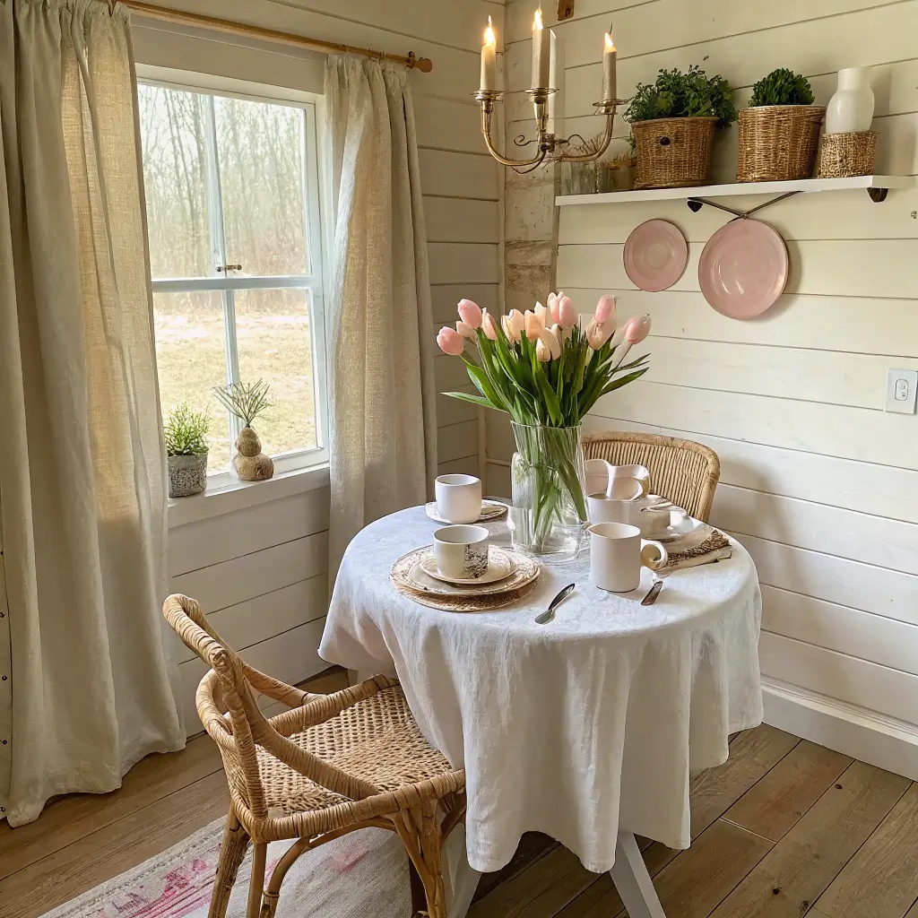 Budget-friendly Easter tablescape on a small round oak table with cream linen runner, blush tulips in a white mug, moss and naturally dyed eggs, and mismatched brass candlesticks in soft morning light.