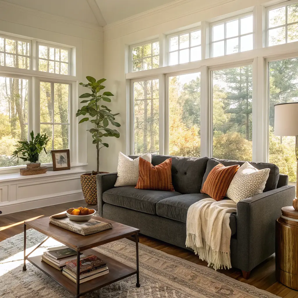 Sunlit living room with charcoal linen sofa styled with rust and camel pillows, cream throw, walnut coffee table with books and mug, and sage eucalyptus by tall windows.