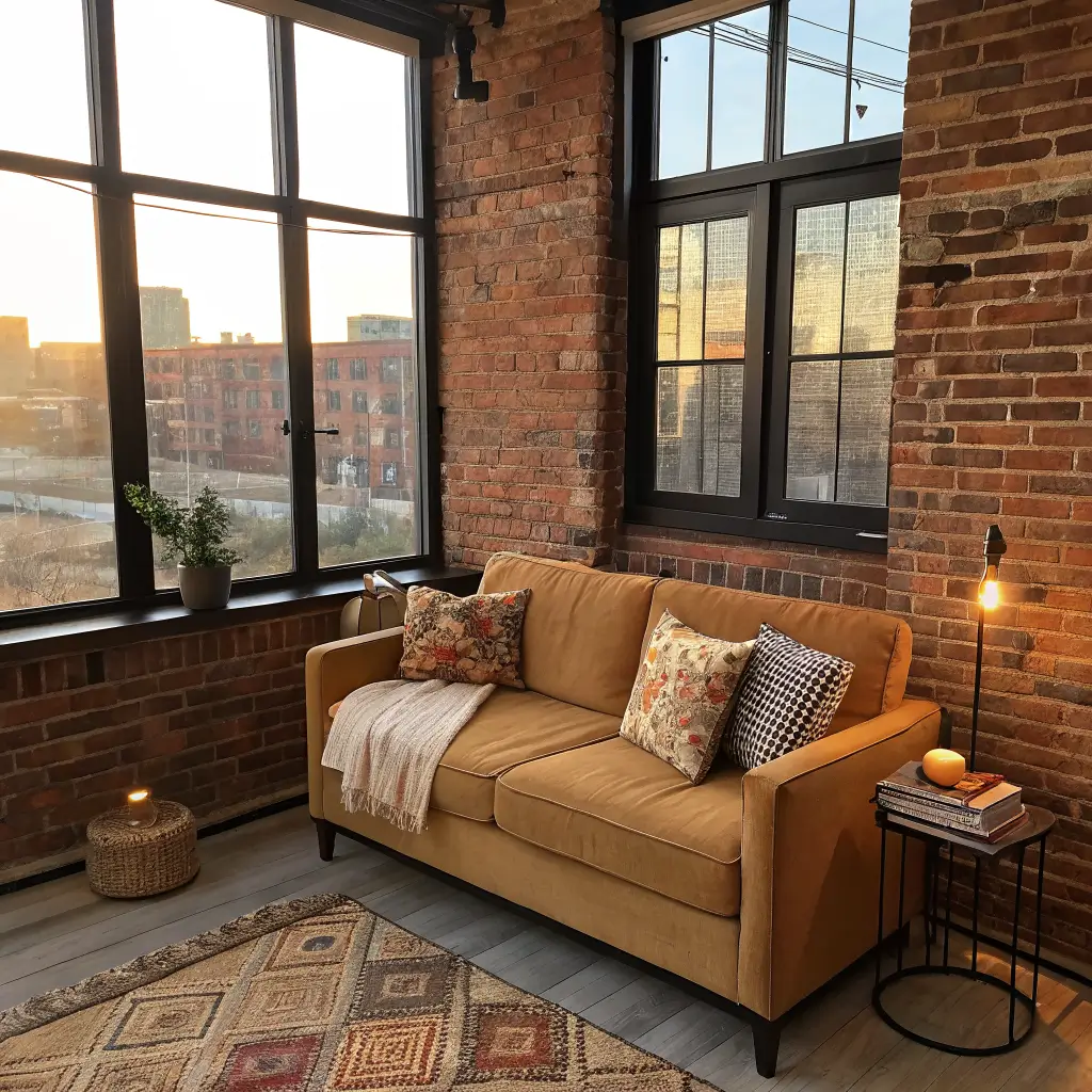 Low-angle view of a sunlit studio corner with exposed brick, a camel bouclé loveseat and burgundy/terracotta/cream pillows, rattan side table with candle and books, and a jute rug.