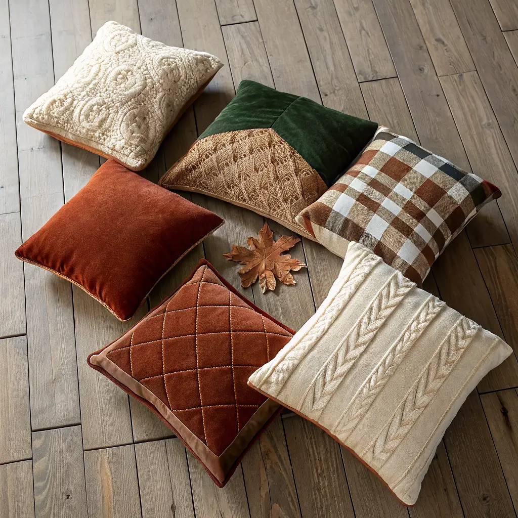 Overhead flat lay of six fall pillows on an oak floor in cool daylight, featuring rust velvet, green-and-cream check, cognac faux leather, cream cable knit, and a camel embroidered lumbar with a wool throw and dried oak leaves.