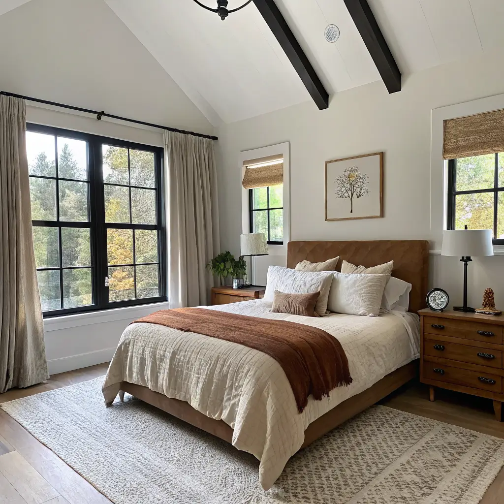 Serene vaulted-ceiling bedroom with warm oak king bed, cream linen bedding, burgundy coverlet, layered pillows, and soft morning light through linen curtains.