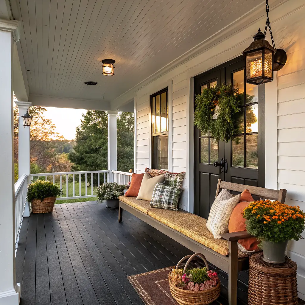 Golden-hour view of a covered front porch with a cedar bench and fall pillows, terracotta mums in a woven basket, a eucalyptus-wheat wreath, and a lantern candle casting warm shadows.