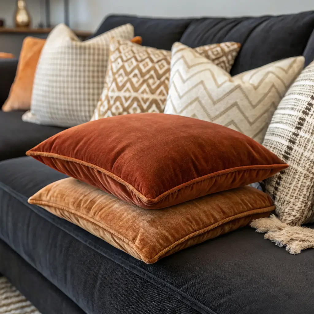 Close-up of layered rust velvet, camel herringbone, cognac plaid, and cream knit pillows with an oatmeal throw on a charcoal velvet sectional in warm window light.