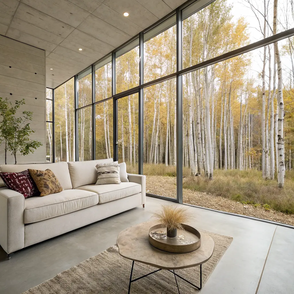 Modern minimal fall living room with concrete floors and glass wall to birch trees, ivory bouclé sofa with neutral pillows and pampas in a ceramic vase on travertine table in bright daylight.