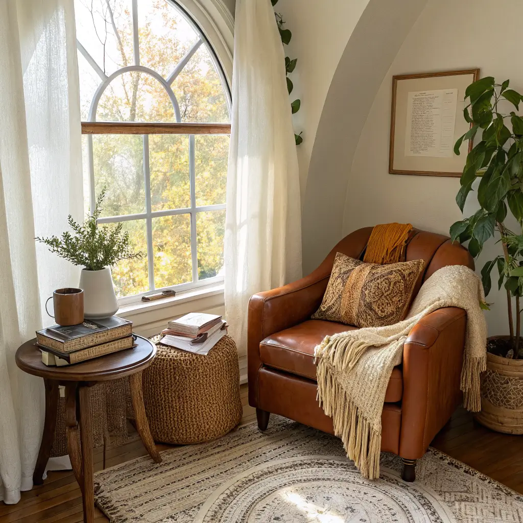 Boho fall reading nook with arched window, caramel leather chair with terracotta and mustard pillows, chunky cream throw, rattan side table with mug and books, jute rug, and macrame plant in warm afternoon light.