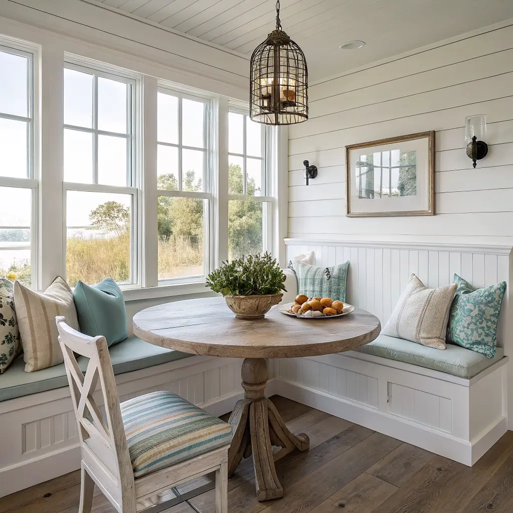 Coastal fall dining nook with white shiplap walls, weathered oak floors, oatmeal linen banquette with sage, chambray stripe, cream, and rust pillows, and a round oak table with dried hydrangeas and pears in cool morning light.