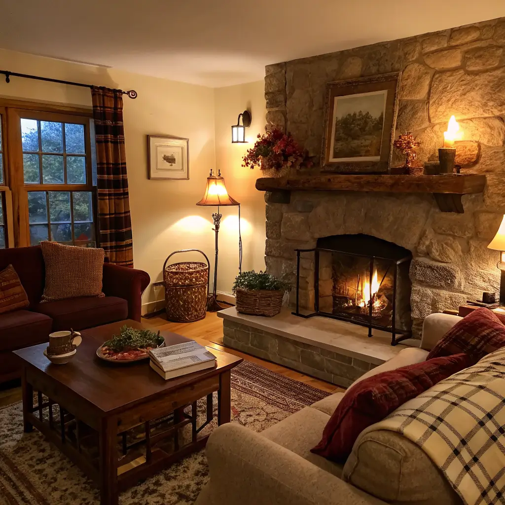 Cozy autumn living room at dusk with warm plaster walls, lit fireplace and amber floor lamp, charcoal sofa piled with burgundy velvet, buffalo check, cognac, cream and rust pillows, and a coffee table holding tea, an open book, and a brass candle.