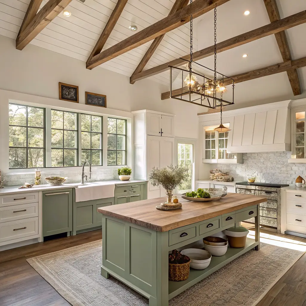 Photorealistic modern farmhouse kitchen with vaulted ceiling and pine beams, sage green and cream cabinets, butcher block counters, brass hardware, and a weathered oak table in warm golden-hour light.