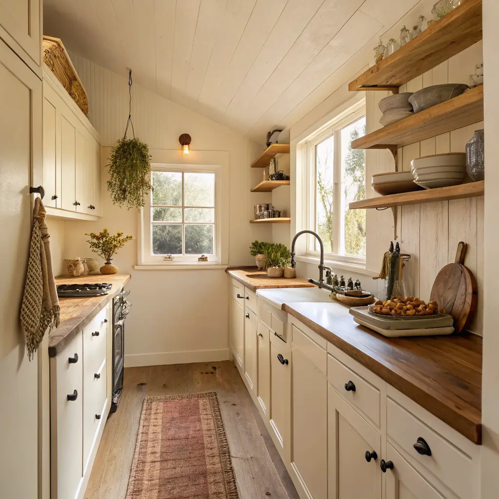 Photorealistic 8x12 compact farmhouse galley kitchen with alabaster cabinets and walls, butcher block counters, open pine shelves, brass sconces, and diffused daylight from a small end window in symmetrical view.