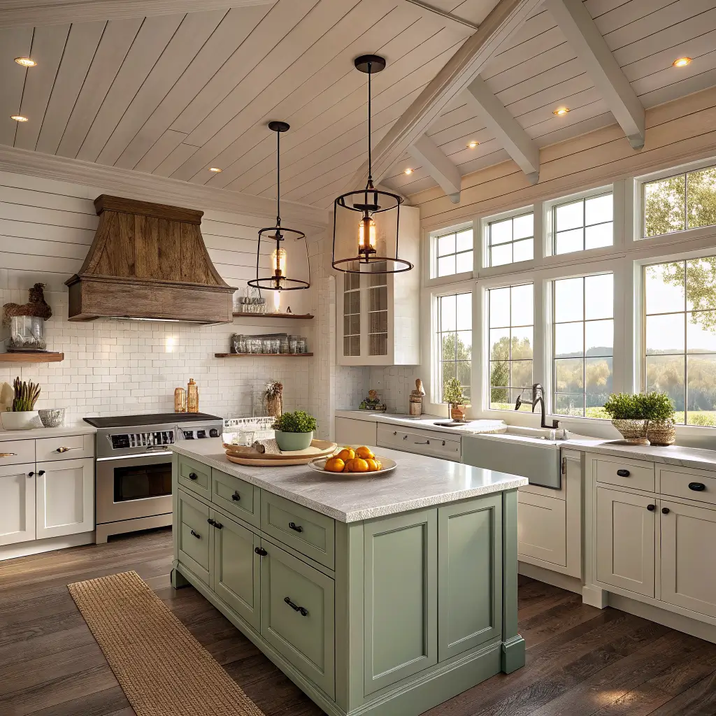 Photorealistic farmhouse kitchen with white and sage cabinets, butcher-block island, rattan pendants, brass pulls, and warm late afternoon light.