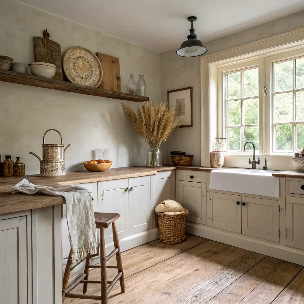 Photorealistic farmhouse kitchen corner with greige plaster walls, oak floors, beige flat-panel cabinets, butcher block counter styling, bistro stool, and brass pendant in warm morning light.