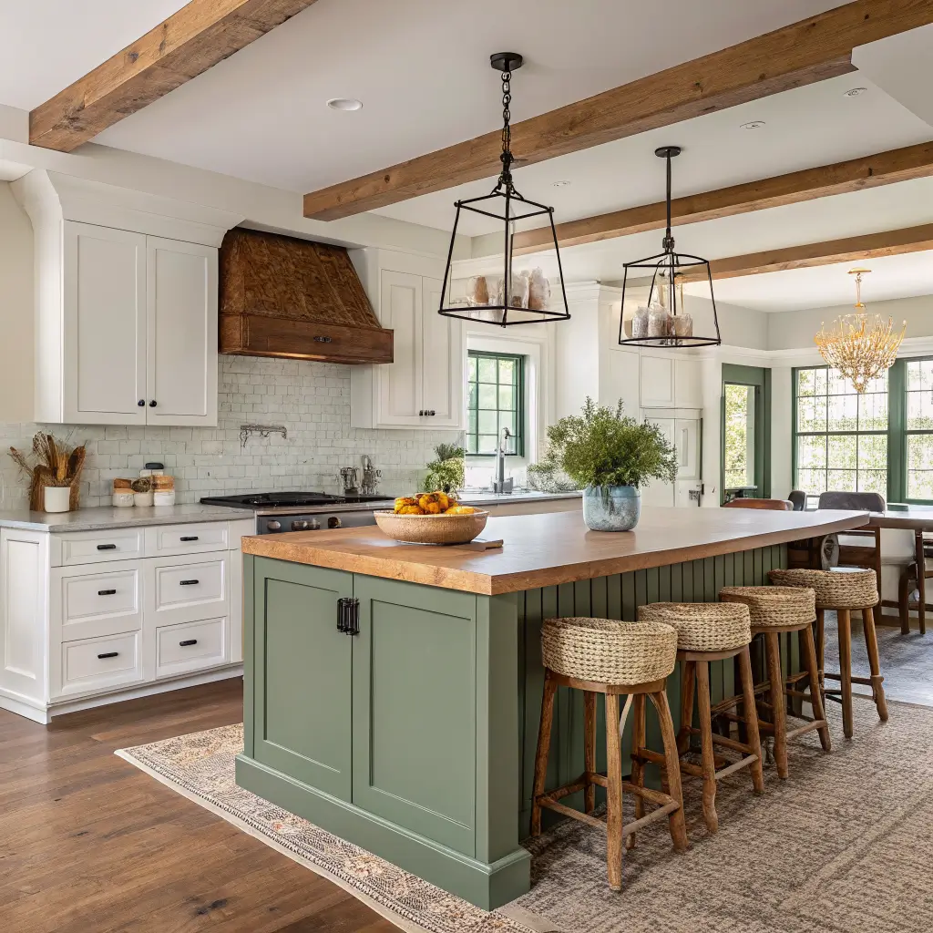 Photorealistic farmhouse kitchen with deep sage green island, butcher block top, rattan stools, and brass accents, styled with pears, candles, and rosemary in warm golden evening light.