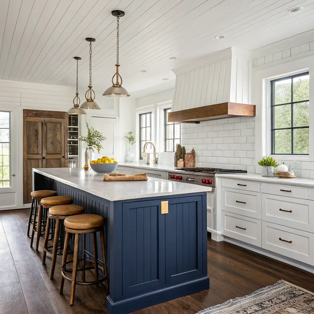 Photorealistic farmhouse kitchen with Hale Navy island, white shiplap and cabinets, marble waterfall top, brass pulls, leather stools, and bright daylight.