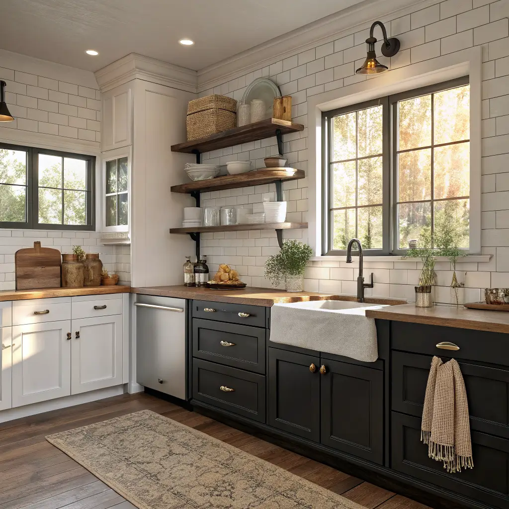 Photorealistic farmhouse kitchen with soft black lower cabinets, creamy white uppers, butcher block counters, brass knobs, warm afternoon light, and rustic decor.