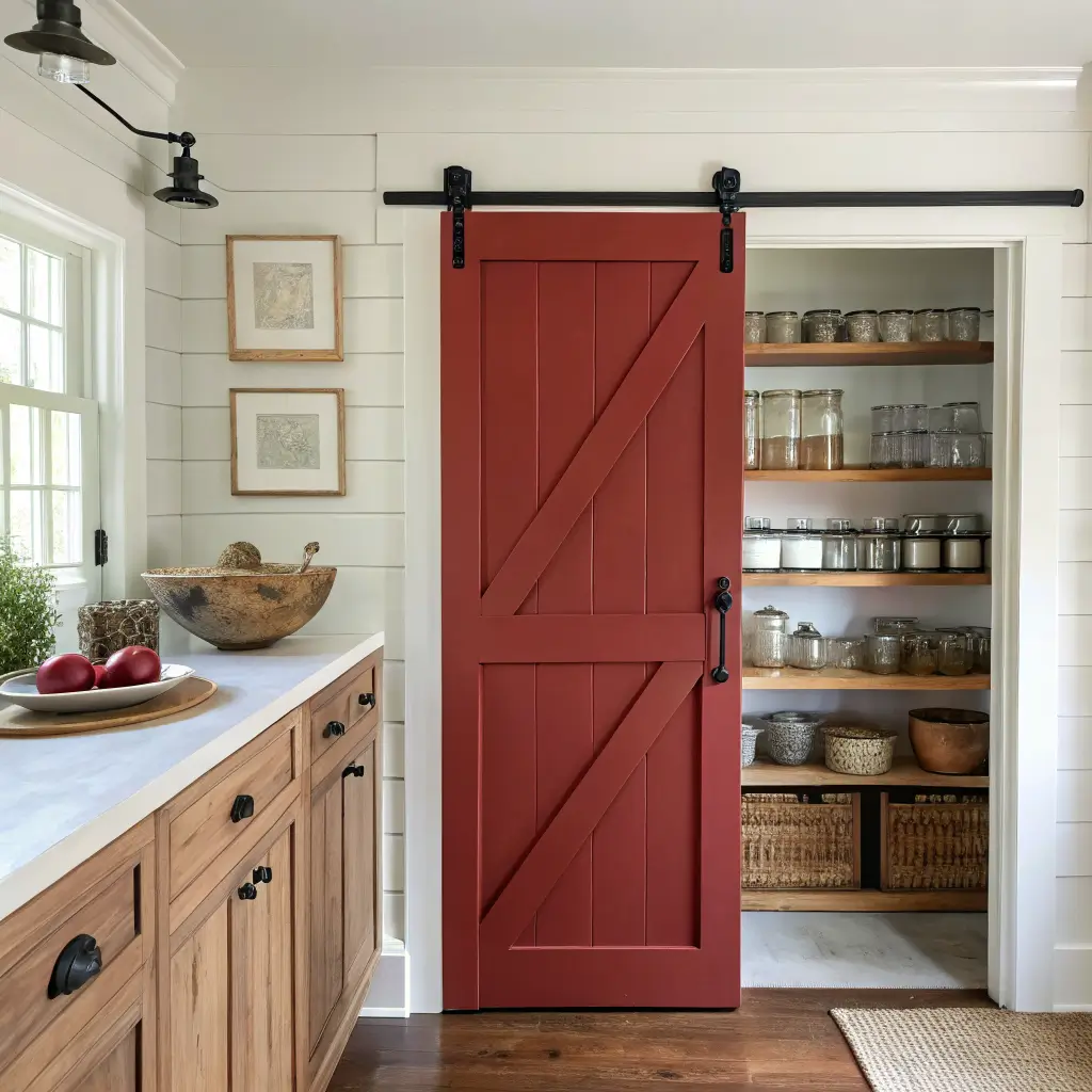 Photorealistic farmhouse kitchen hallway with open oak shelving and wide-plank floors leading to a barn red Dutch pantry door with black iron hardware, styled with stoneware, glass jars, and a worn oak console.