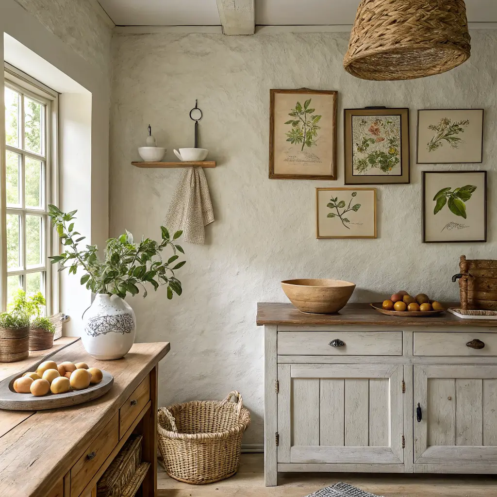 Photorealistic farmhouse kitchen wall with plaster greige walls and white trim, vintage oak sideboard styled with lamp, eggs, brass mortar and cookbook, antique cutting board and botanical prints above, soft morning window light.