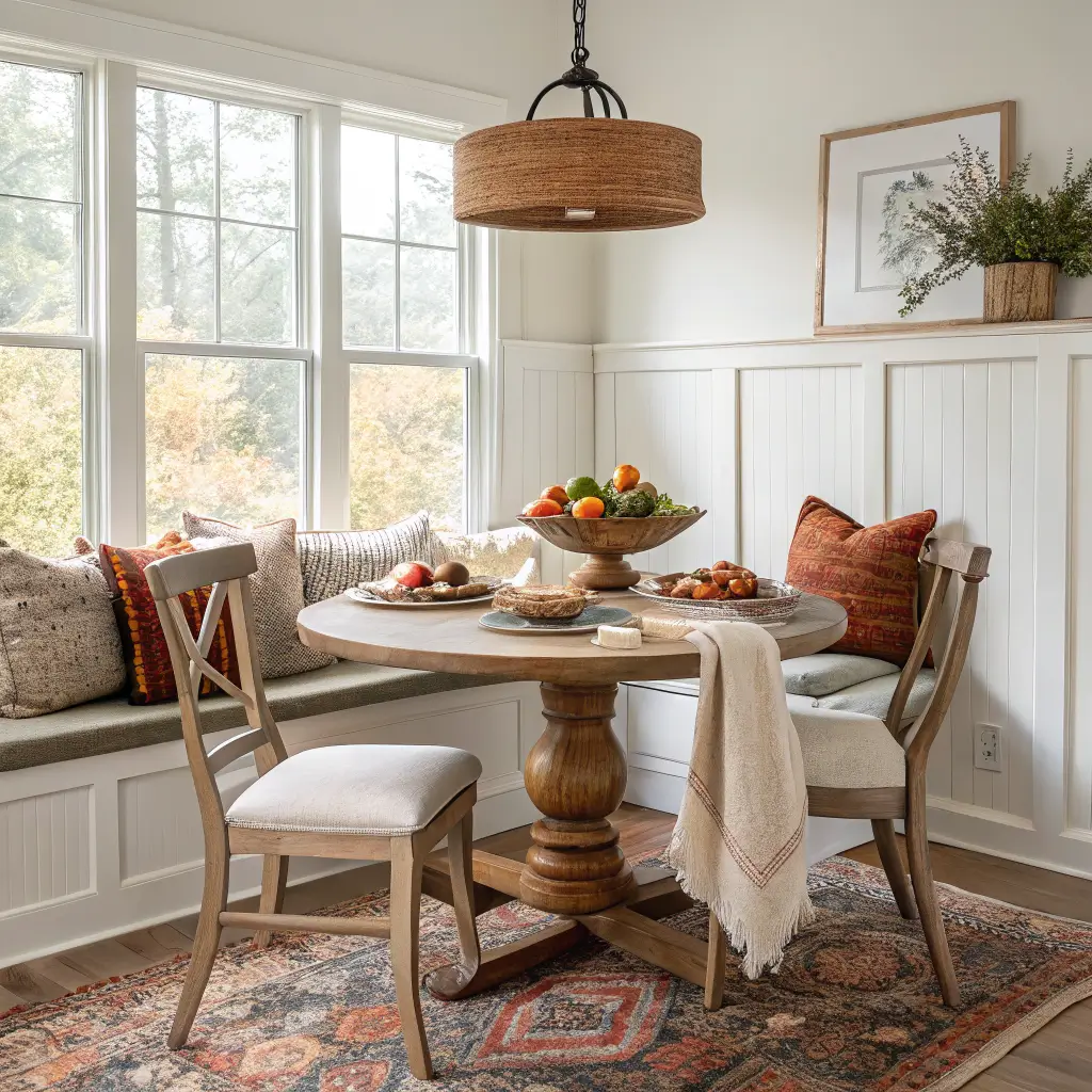 Photorealistic farmhouse breakfast nook with round oak table, rust linen cushions, terracotta runner, pears and squash, brass candles, and warm autumn sunlight through a mullioned window.