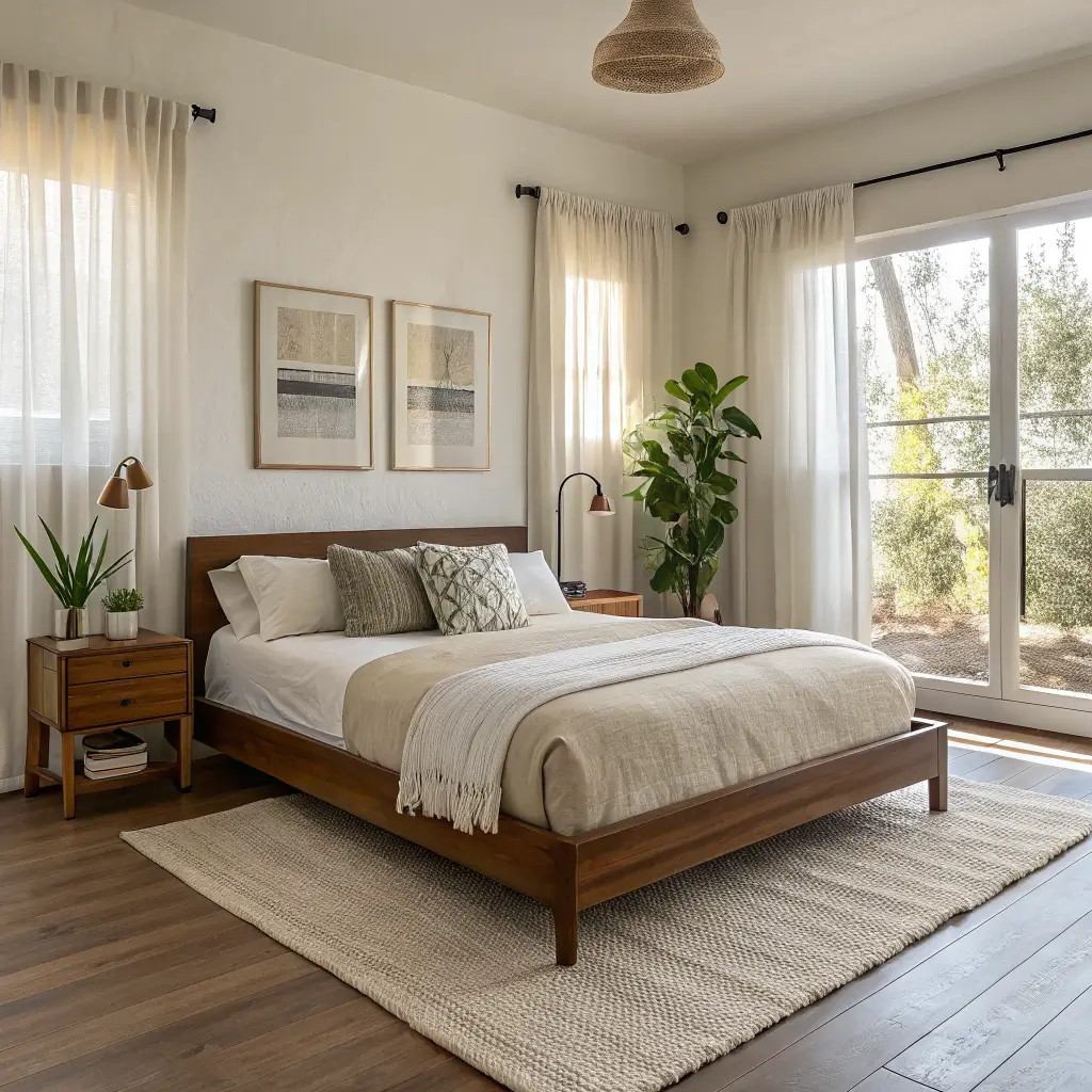 Japandi-style bedroom at golden hour with a walnut platform bed, linen bedding, sage pillows, round nightstands with ceramic lamps, and a snake plant in the corner.