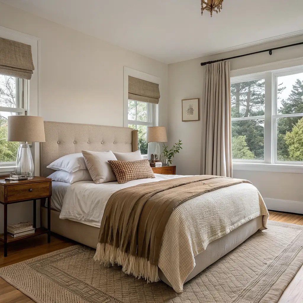 Cozy minimalist bedroom with a queen bed in warm white and taupe linens, oatmeal linen headboard, oak nightstand with ceramic lamp and lavender stem, sand curtains, and a rust rug in soft overcast window light.
