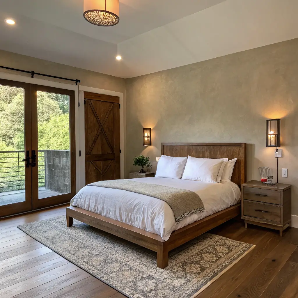 Twilight primary bedroom with walnut bed in command position, warm lamps and brass sconces, clay-plastered wall, rattan nightstands, oak floors, and greige rug viewed from low corner near door.