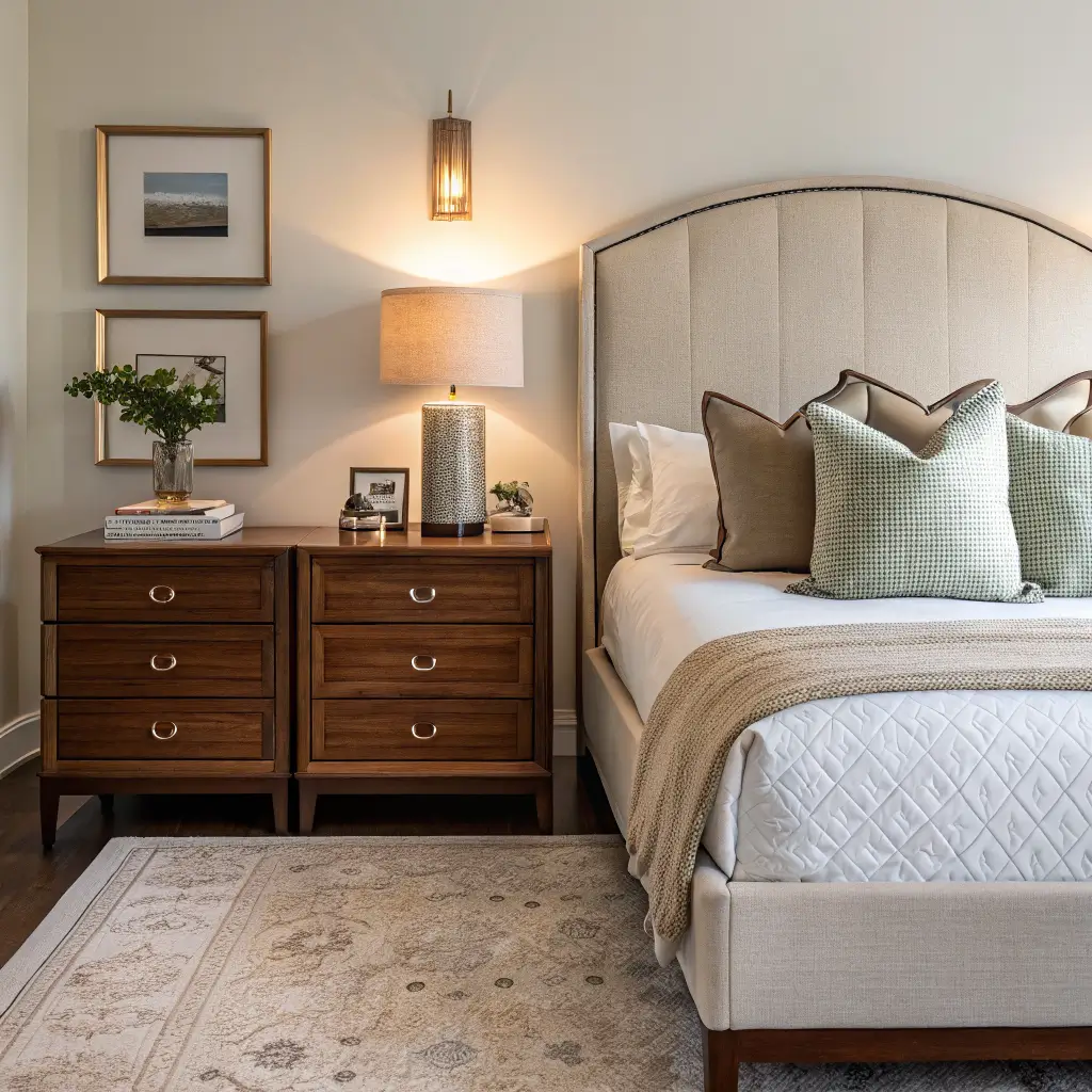Symmetrical bedroom with a queen bed and curved oatmeal linen headboard, matching walnut nightstands with ceramic lamps, warm evening light, and minimal neutral bedding.