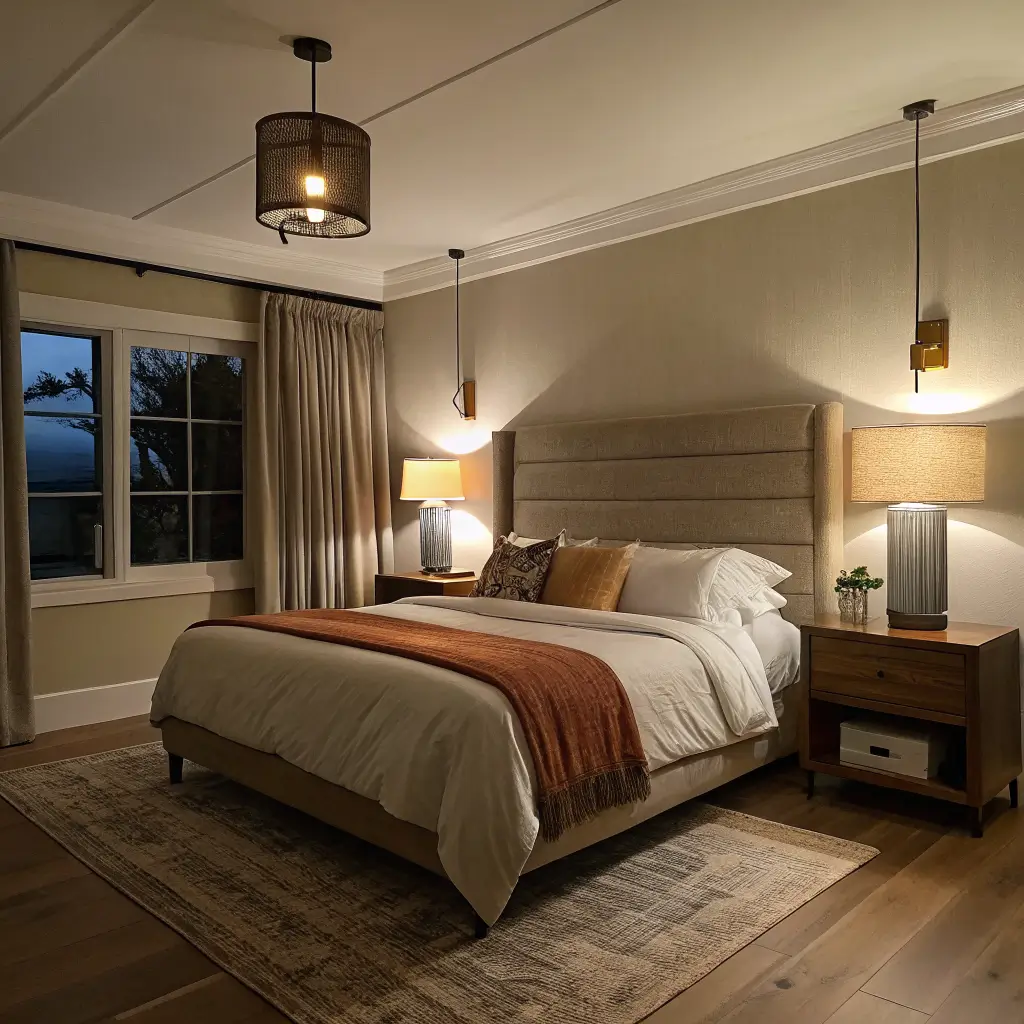 Dim, moody bedroom at night lit by two warm clay table lamps and brass reading sconces, casting soft pools of light on layered sand linens and a rust throw against greige walls and drawn linen curtains.