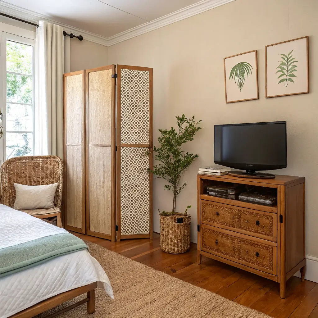 Morning-lit studio bedroom corner with an oak-and-linen folding screen separating a compact desk, a sand-colored cabinet, rattan hamper, and a low walnut bed with warm white linens on greige walls and oak floors.