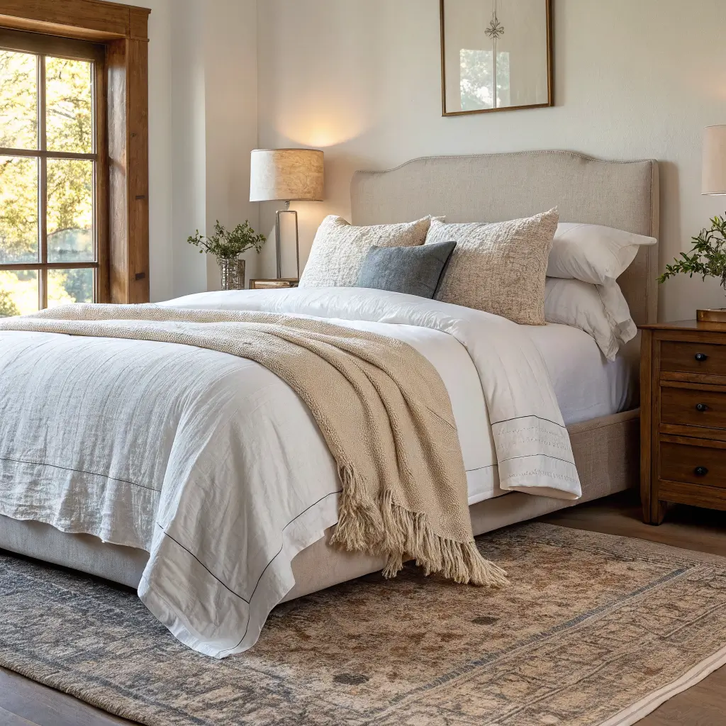 Close-up of layered neutral bedding on a queen bed—white and sand linen, cream wool throw, dusty blue pillows—lit by warm late-afternoon window light.