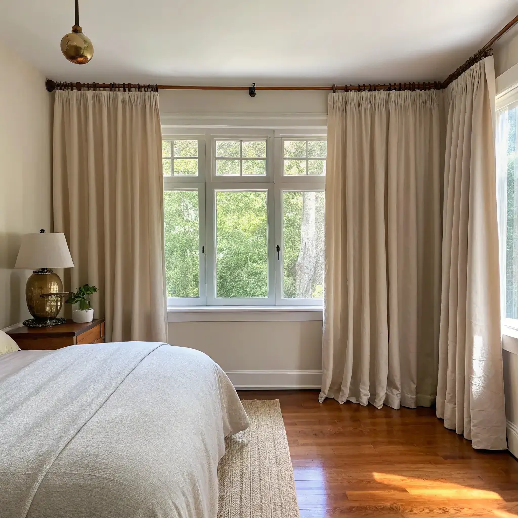 Floor-length sand linen curtains on a brass rod hang wide and high in a warm white bedroom, softly backlit by mid-morning light with oak floors, walnut nightstand, and peace lily near the window.