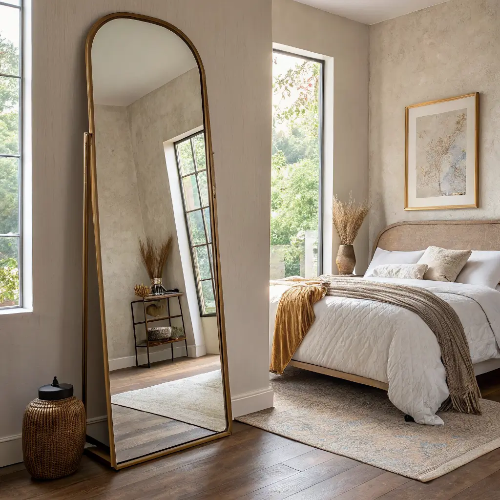 Leaning arched brass-framed mirror placed perpendicular to a bedroom doorway, reflecting a warm plaster wall (not the bed) with soft afternoon light, greige rug, walnut floors, and a pampas vase nearby.
