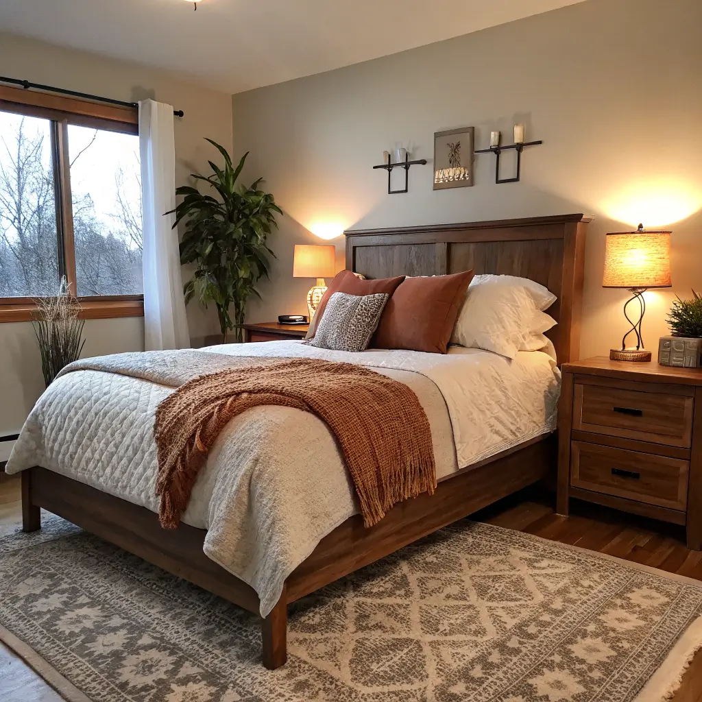 Winter bedroom refresh with walnut platform bed, cocoa wool quilt, rust pillows, cream knit throw, warm lamplight from clay lamp and candle, snake plant in corner.