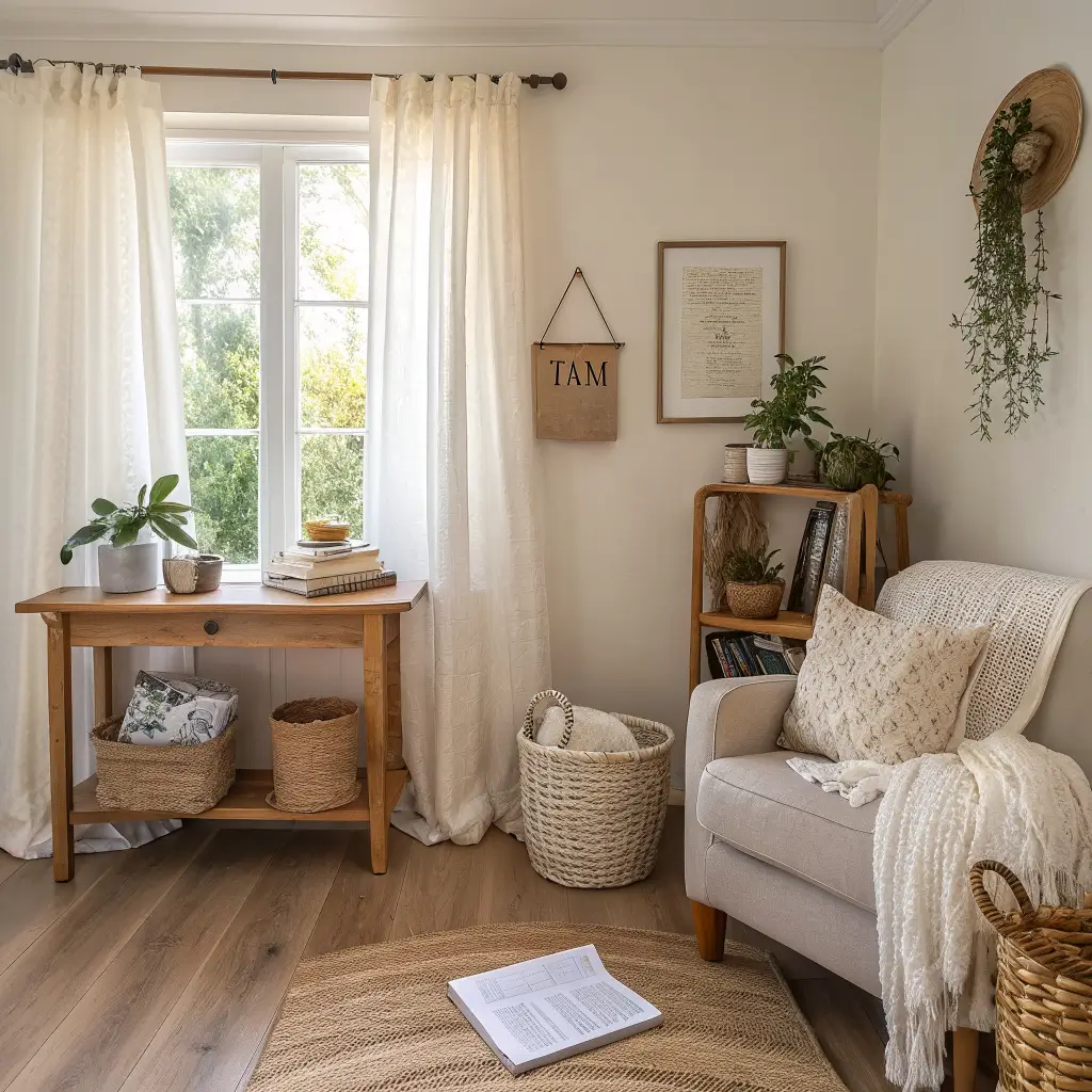 Serene Japandi family living room with morning light, travel checklist on a pale oak console, folded blankets, passports in a basket, and a cream bouclé chair by a steaming tea mug.