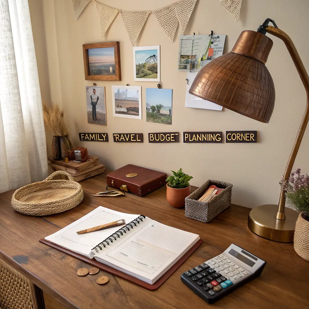 Cozy Japandi home office nook with oak desk and open travel budget notebook, calculator, coins, receipts, cork pinboard, and warm amber light.