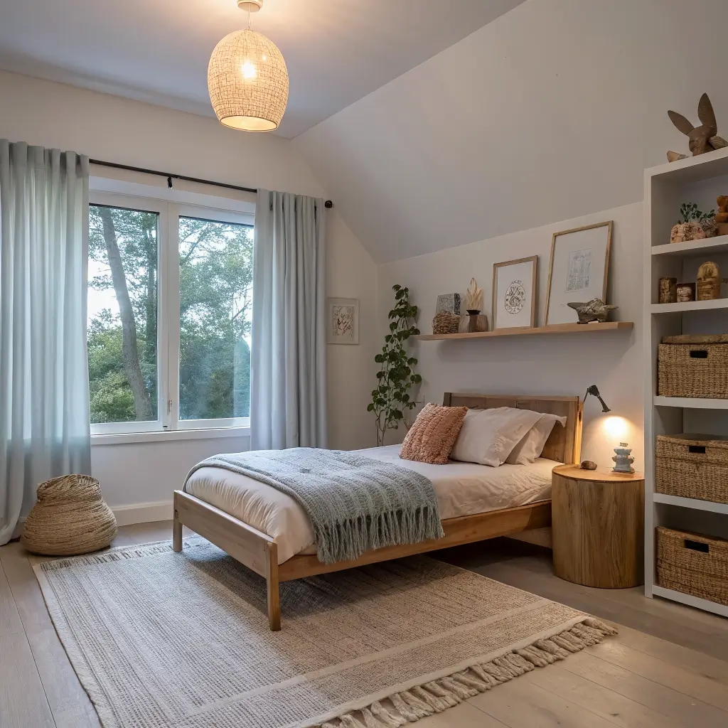 Tranquil Japandi children’s bedroom at dusk with lavender-blue light, low oak bed with oatmeal linen, cane nightstand with warm lamp and stuffed rabbit, jute rug, and floating shelves on ivory walls.