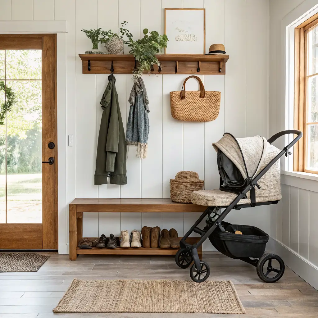 Japandi-style entryway with oak bench, brass hooks holding stroller and baby carrier, seagrass basket, terracotta vase, and jute runner in bright daylight.