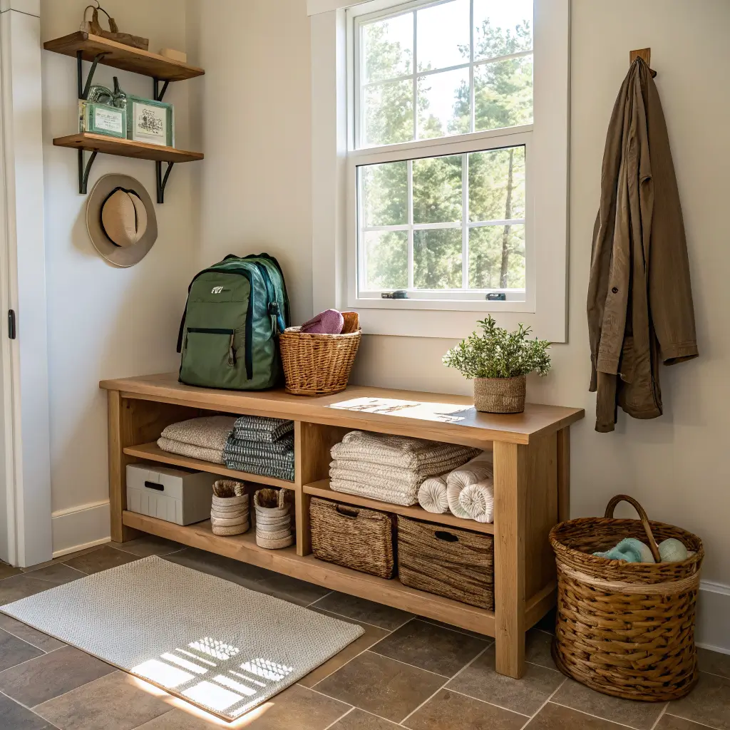 Overhead view of a sunlit Japandi mudroom packing station with an open canvas backpack and neatly arranged clothes, snack boxes, zip pouches, tablet, and kids headphones on an oak console.